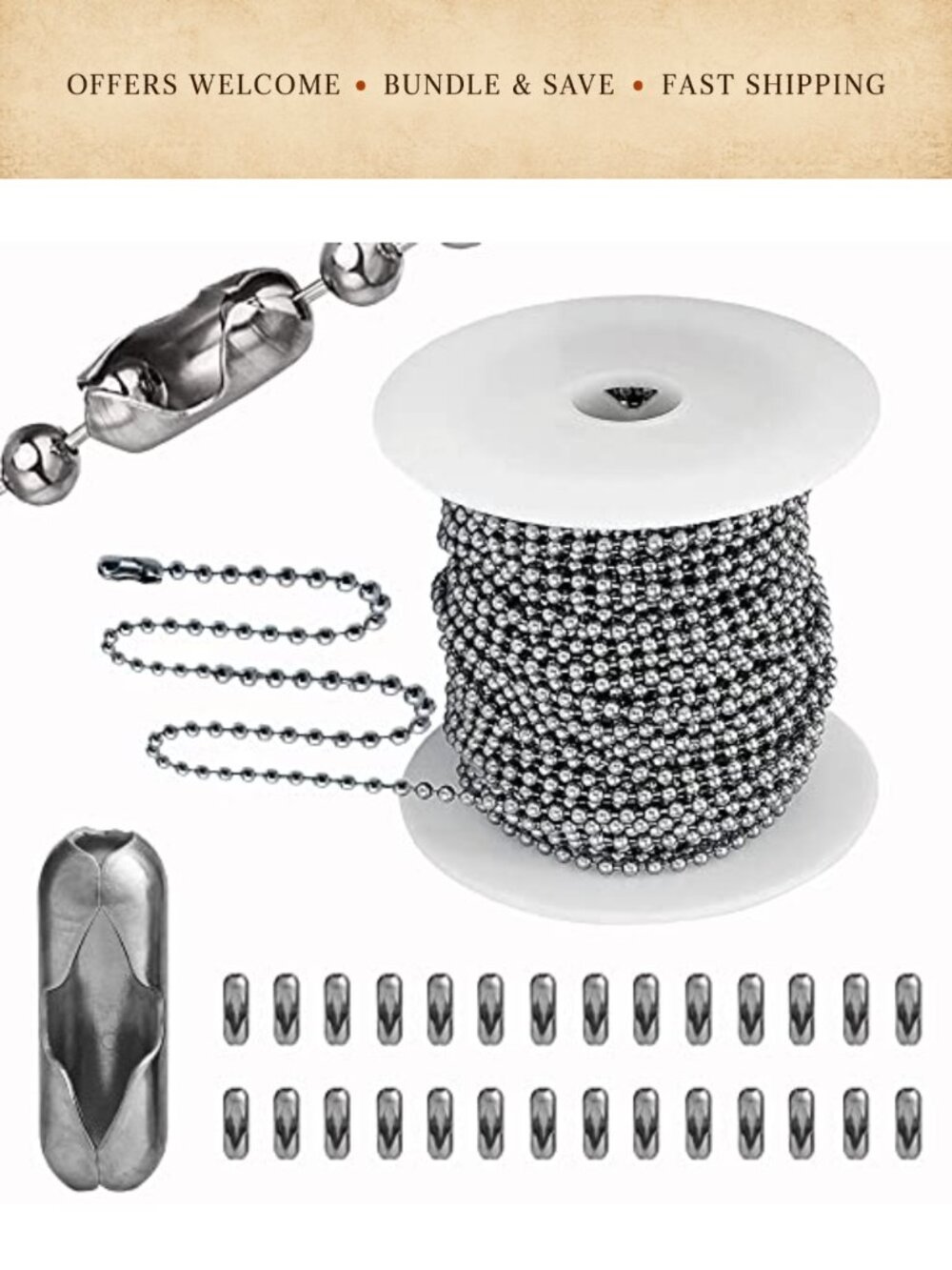 Stainless Steel Ball Chain 55ft 2.0mm 100 Clasps for Jewelry Making